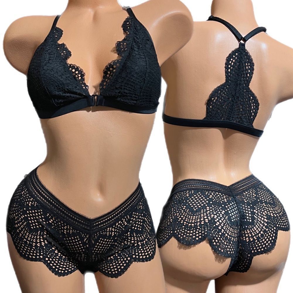 Victorias Secret Set Sexy Lace Padded bralette bra Shortie panty black Large